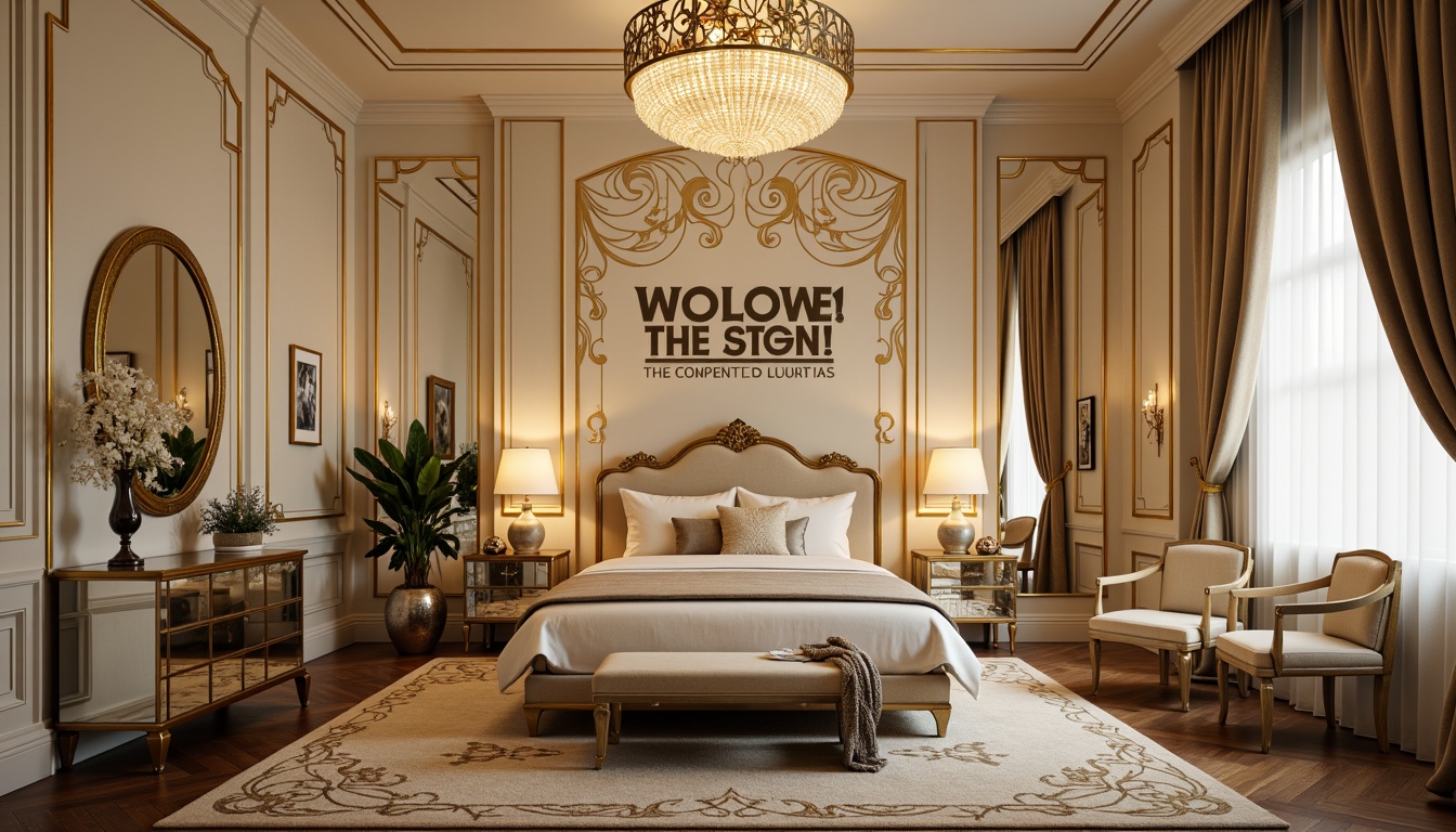 Prompt: Opulent Art Deco bedroom, cream-colored walls, luxurious velvet drapes, metallic gold accents, ornate geometric patterns, lavish furnishings, curved lines, bold typography, statement lighting fixtures, glamorous mirrored dressers, plush area rugs, soft warm ambiance, shallow depth of field, 1/1 composition, cinematic lighting, high-contrast rendering, detailed textures, intricate reflections.