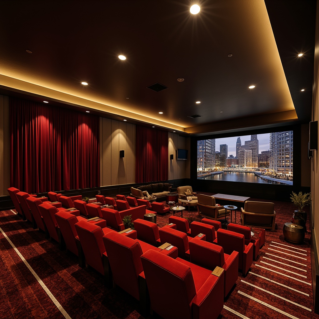 Prompt: Luxurious cinema interior, rich velvet seats, dark walnut wood accents, soft golden lighting, deep crimson curtains, metallic chrome details, sleek minimalist design, urban cityscape views, nighttime scenery, dramatic spotlights, cinematic screens, premium sound systems, comfortable lounge areas, luxurious VIP sections, sophisticated color scheme, bold contrasting hues, rich jewel tones, warm beige neutrals, deep charcoal grays, vibrant red accents, golden yellow highlights, 1/1 composition, shallow depth of field, cinematic camera angles.