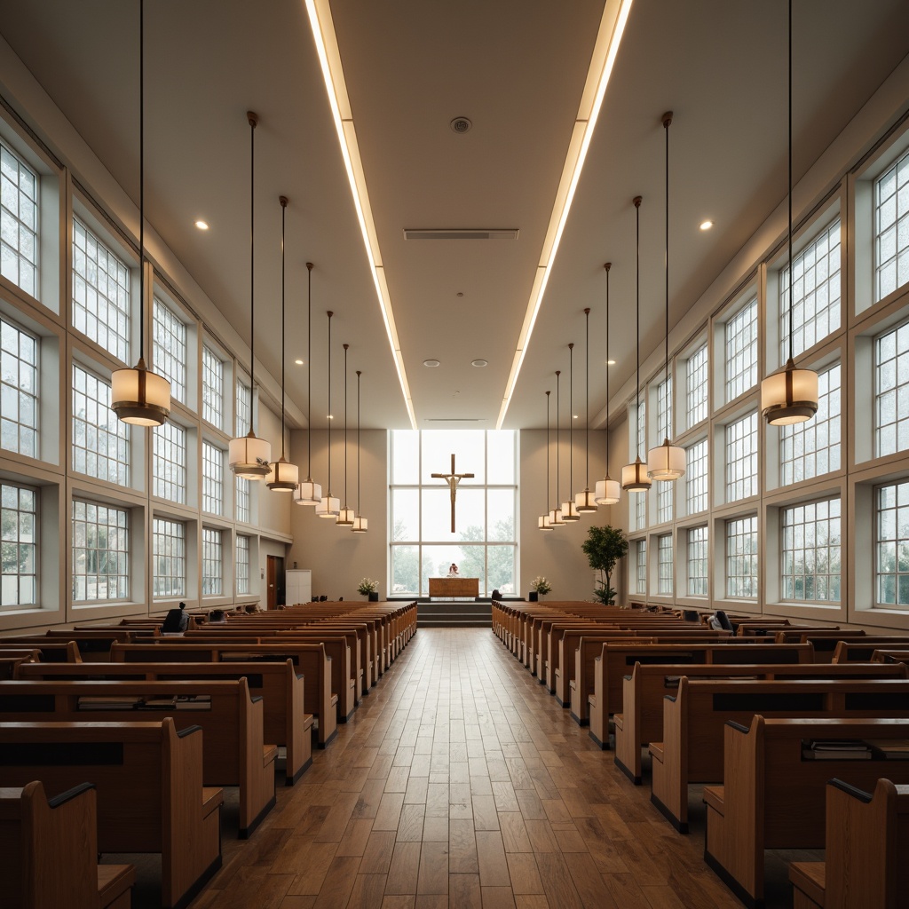 Prompt: Minimalist church interior, sleek modern pews, polished wooden floors, abstract stained glass windows, innovative suspended light fixtures, linear LED lights, geometric metal chandeliers, minimalist crucifixes, neutral color palette, ambient soft lighting, subtle shadows, 1/1 composition, symmetrical framing, realistic textures, atmospheric misting.