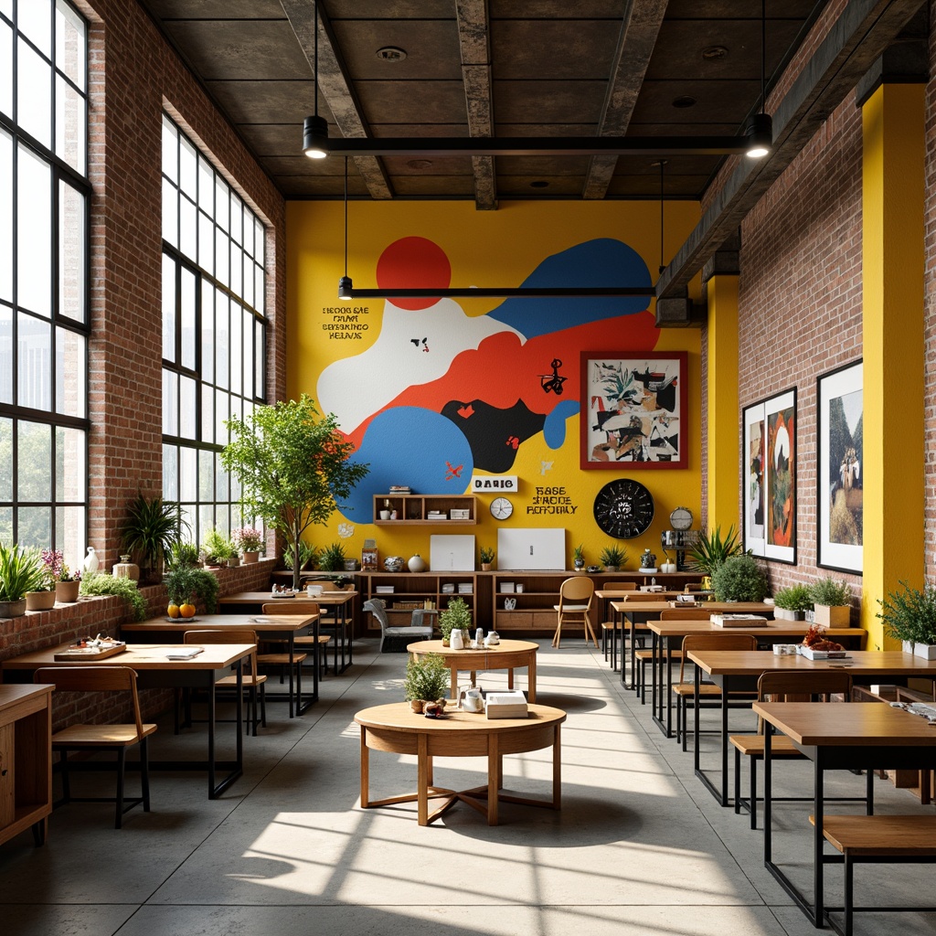 Prompt: Vibrant Bauhaus-inspired art school, bold primary colors, geometric shapes, industrial metal accents, exposed brick walls, minimalist typography, abstract artworks, natural light pouring through large windows, wooden desks with metal legs, eclectic mix of vintage and modern furniture, playful splashes of bright yellow, deep blue, and fiery red, warm and inviting atmosphere, soft overhead lighting, shallow depth of field, 3/4 composition, panoramic view, realistic textures, ambient occlusion.