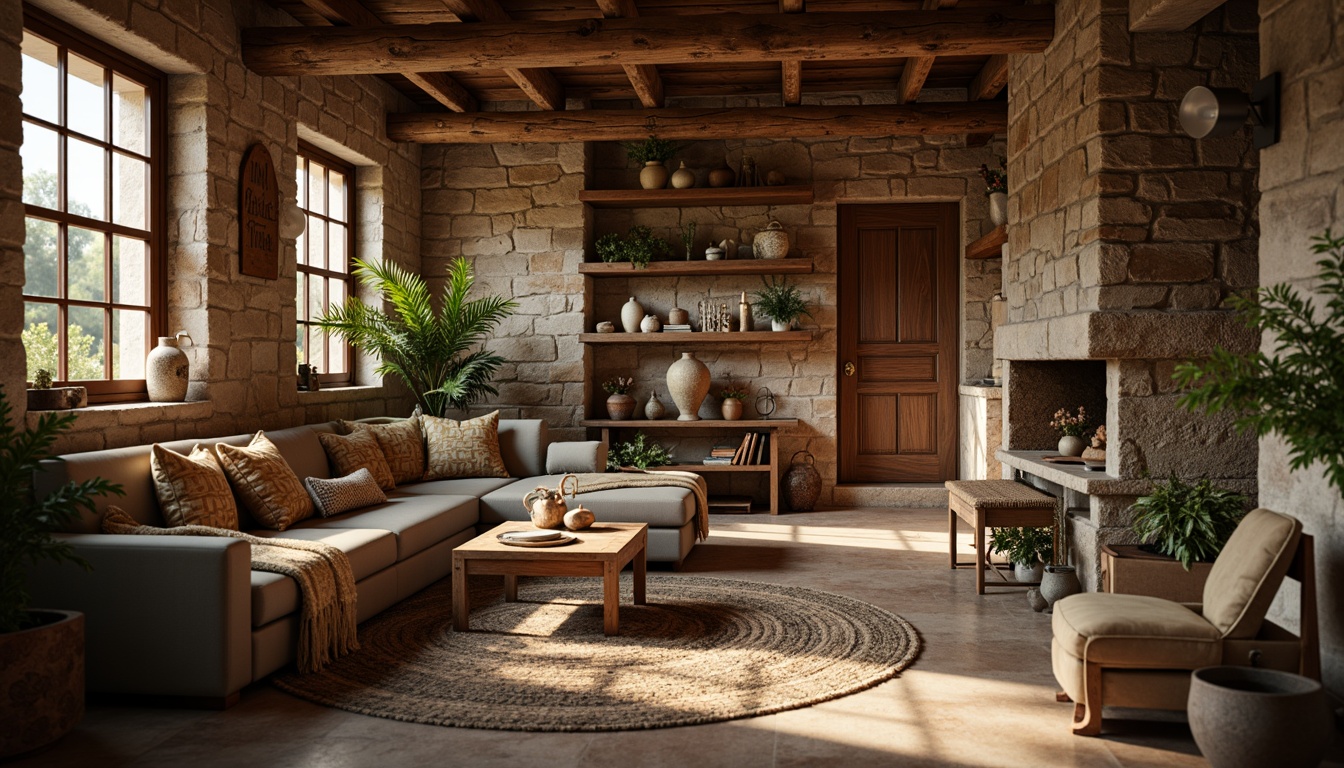 Prompt: Rustic interior, earthy color palette, natural stone walls, rough-hewn textures, wooden accents, warm ambient lighting, cozy atmosphere, inviting spaces, eclectic decorative objects, distressed finishes, vintage furnishings, organic shapes, free-form compositions, shallow depth of field, 1/2 composition, soft focus effect.