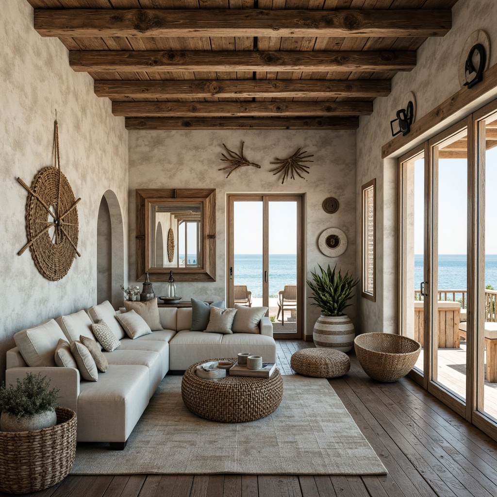 Prompt: Rustic coastal cottage, weathered wooden accents, textured walls with natural stone finishes, driftwood decorations, nautical rope details, ocean-inspired color palette, soft blues and whites, sandy beige tones, woven sea grass patterns, distressed wood flooring, vintage fishing nets, porthole windows, coral-shaped decorative elements, beachy atmosphere, warm golden lighting, shallow depth of field, 1/2 composition, realistic textures, ambient occlusion.