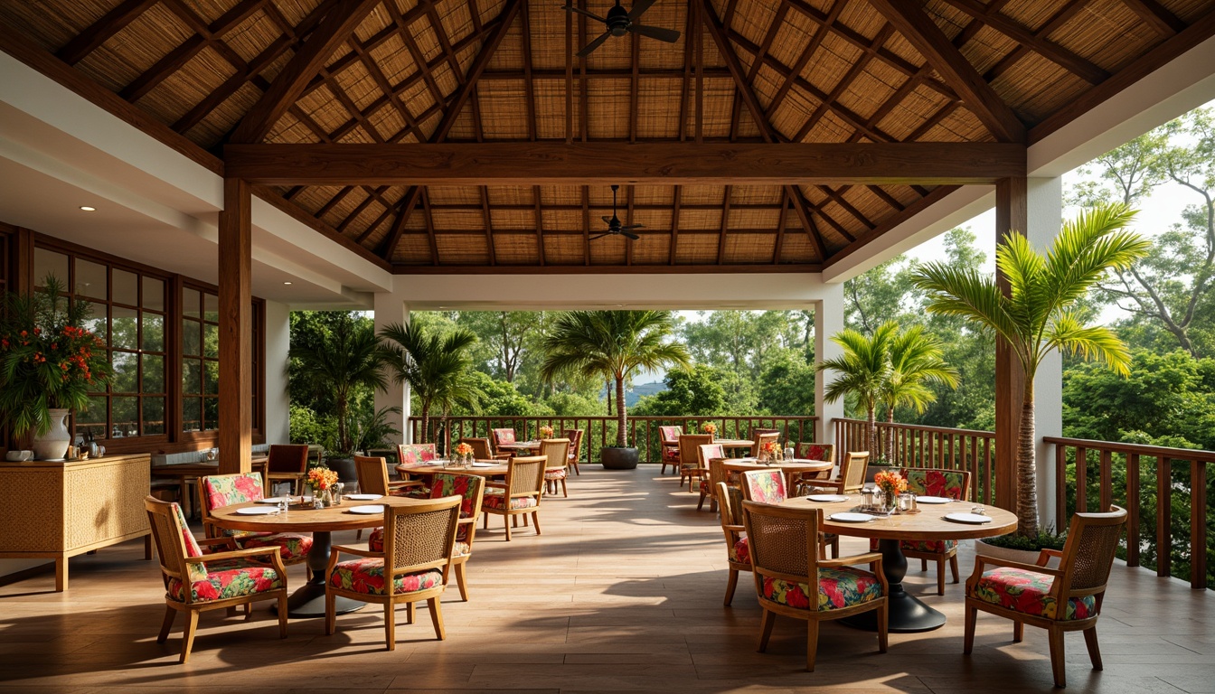 Prompt: Tropical dining hall, warm wooden furniture, rattan chairs, woven wicker tables, colorful upholstery, vibrant flower patterns, exotic leaf motifs, natural textiles, reclaimed wood accents, bamboo flooring, palm tree decorations, lush greenery, soft warm lighting, shallow depth of field, 3/4 composition, panoramic view, realistic textures, ambient occlusion.