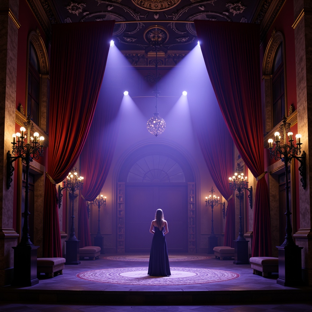 Prompt: Dark mysterious atmosphere, dimly lit stage, rich velvety curtains, ornate gold accents, crimson red walls, midnight blue ceilings, foggy misty effects, eerie flickering candles, heavy metal doors, stone Gothic arches, mystical purple hues, lavish black chandeliers, dramatic spotlights, intense strobe lights, macabre skull decorations, spider web patterns, old mysterious artifacts, haunted mansion inspirations, dark romantic ambiance, Victorian-era influences.