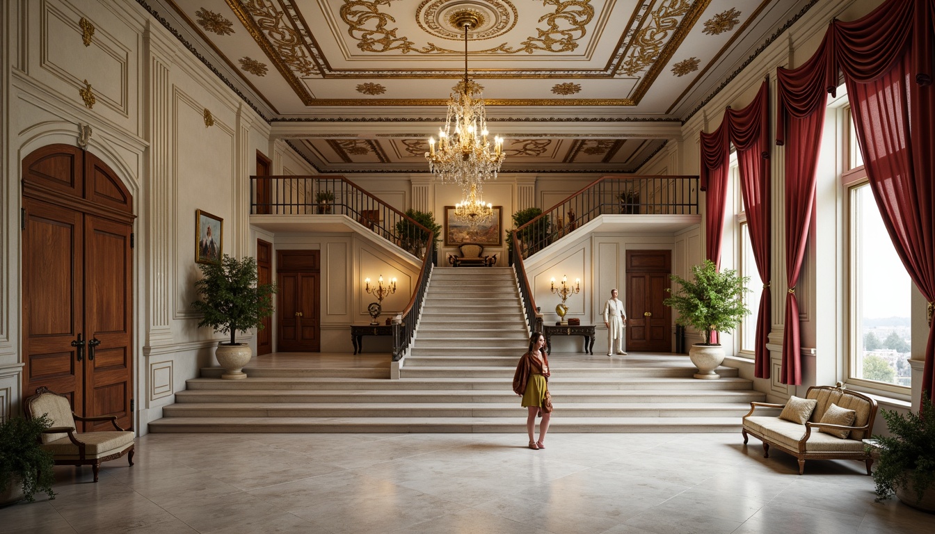 Prompt: Ornate palace, grand staircase, white marble columns, intricately carved wooden doors, polished brass hardware, ornamental plaster ceilings, rich velvet drapes, crystal chandeliers, luxurious silk fabrics, gilded picture frames, antique furniture pieces, classical sculptures, subtle warm lighting, soft focus photography, 1/1 composition, shallow depth of field, high-contrast rendering.