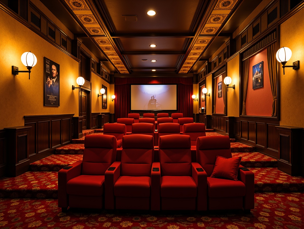 Prompt: Cozy cinema interior, warm golden lighting, soft ambient glow, rich velvet curtains, plush red seats, ornate wooden details, intricate ceiling patterns, dimmable floor lamps, cinematic sconces, subtle color grading, high contrast ratios, atmospheric fog effects, dramatic spotlighting, comfortable viewing angles, intimate seating arrangements, luxurious carpets, classic film posters, nostalgic concession stands, warm beige walls, dark wood accents, inviting entranceways, grandiose staircases, majestic chandeliers.