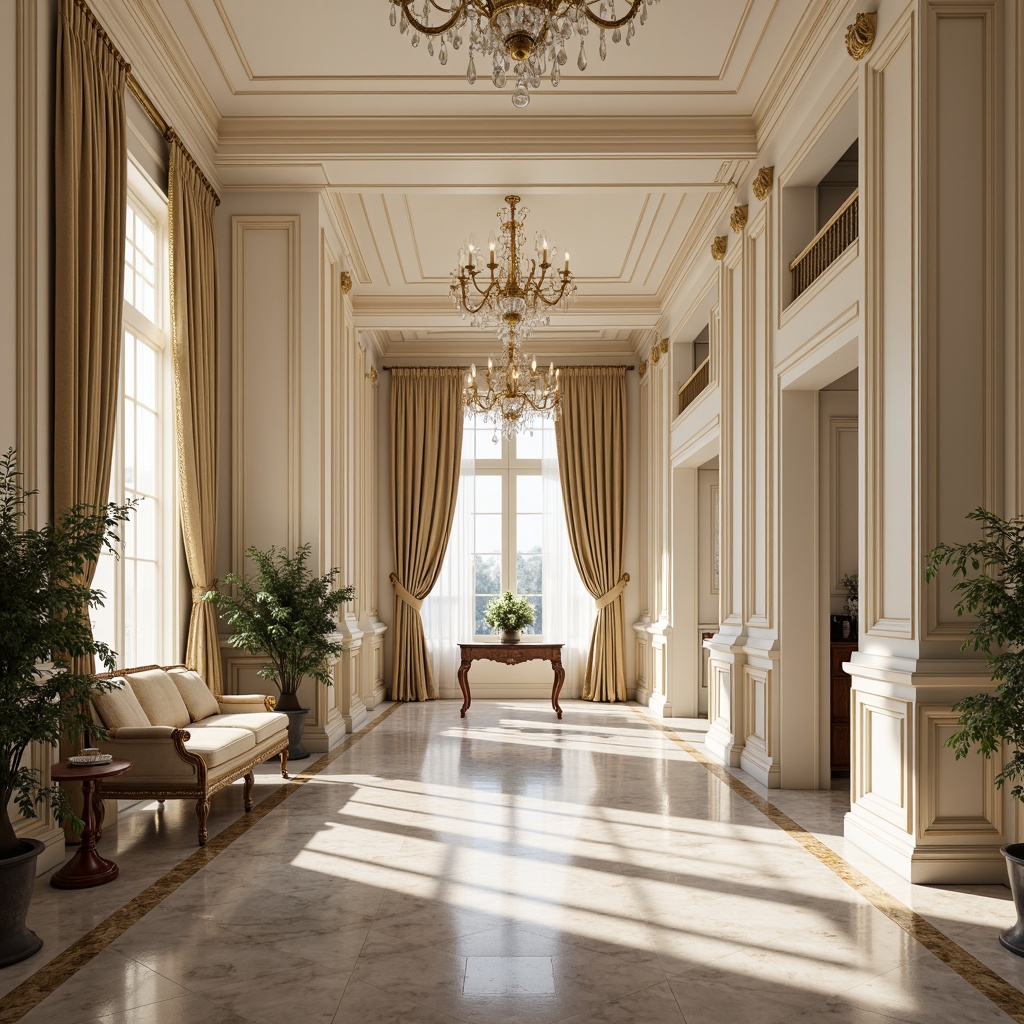 Prompt: Elegant neoclassical interior, soft creamy whites, warm beige tones, rich walnut woods, ornate gold accents, intricate moldings, luxurious velvet fabrics, subtle marble patterns, grandiose chandeliers, dramatic floor-to-ceiling curtains, symmetrical composition, classical proportions, soft natural light, 1/1 aspect ratio, realistic textures, ambient occlusion.