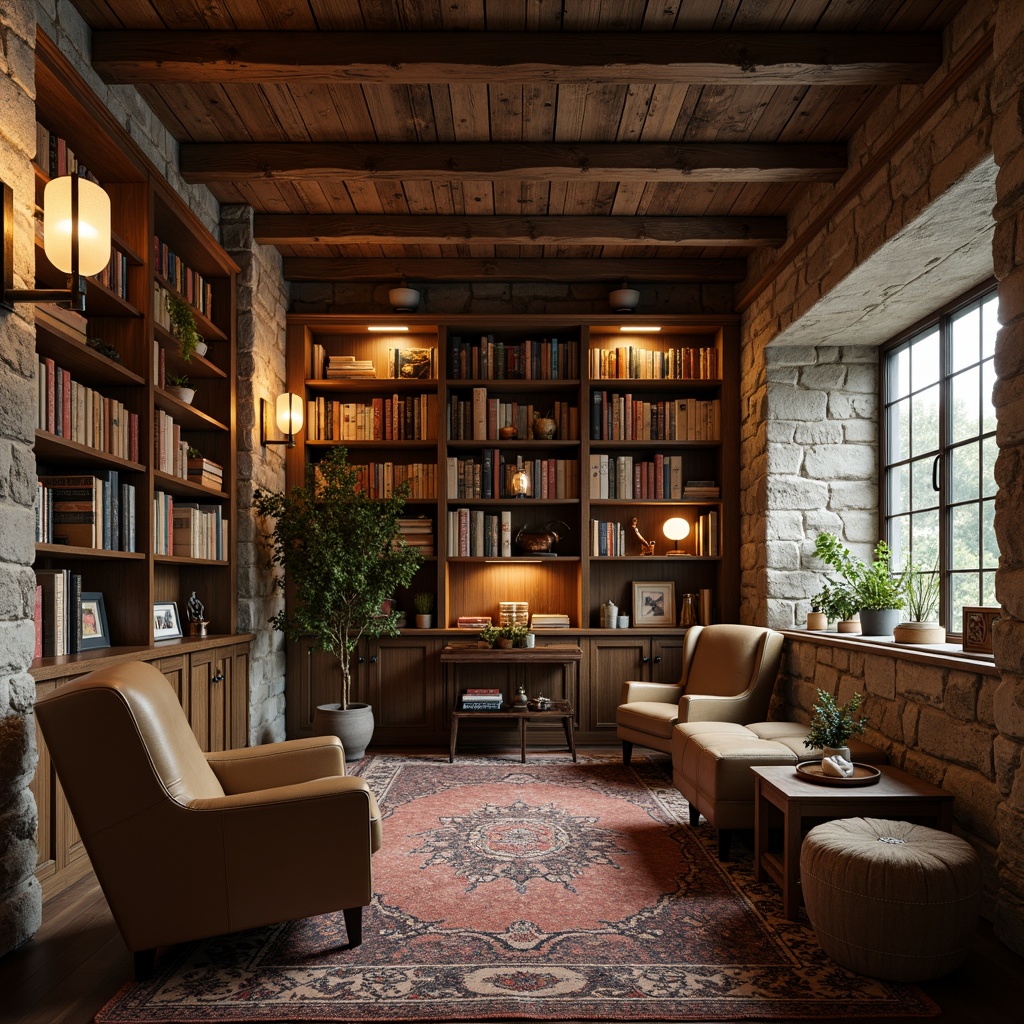 Prompt: Rustic wooden accents, distressed finishes, natural stone walls, earthy color palette, warm candlelight, plush woven textiles, vintage leather armchairs, ornate metal hardware, decorative trims, rich wood grain patterns, cozy reading nooks, soft warm lighting, shallow depth of field, 3/4 composition, realistic textures, ambient occlusion.