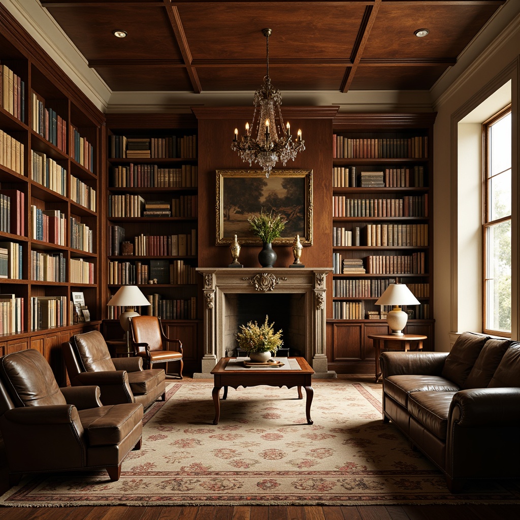 Prompt: Academic interior, rich wood tones, dark leather sofas, vintage armchairs, ornate wooden tables, classic lampstands, warm beige carpets, creamy white walls, tall bookshelves, antique rugs, distressed finishes, earthy color palette, cozy reading nooks, soft golden lighting, shallow depth of field, 1/1 composition, realistic textures, ambient occlusion.