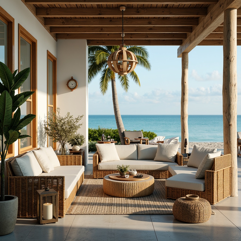 Prompt: Vibrant beachside villa, natural seashells, driftwood accents, soft linen upholstery, woven rattan furniture, ocean-inspired color palette, calming turquoise hues, warm golden lighting, pendant lamps, nautical rope details, distressed wood finishes, glass lanterns, candle-like illumination, coastal-themed decorative accessories, sunny day, gentle sea breeze, shallow depth of field, 1/1 composition, realistic textures, ambient occlusion.