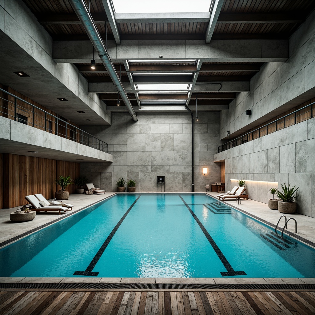 Prompt: Industrial-style swimming pool, exposed concrete walls, metallic beams, distressed wood accents, reclaimed metal flooring, rough-textured stone coping, industrial-grade railings, urban-inspired lighting fixtures, minimalist lane lines, sleek modern diving boards, stainless steel ladders, weathered wooden decks, overhead cranes, brutalist architecture, dramatic shadows, high-contrast lighting, gritty textures, realistic water simulations.