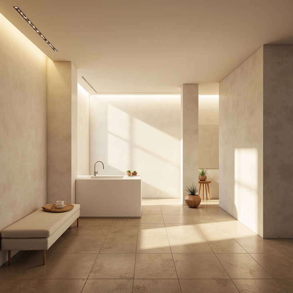 Prompt: Minimalist interior, soft warm glow, subtle shadows, recessed lighting, hidden light sources, sleek lines, low-profile fixtures, matte white walls, polished concrete floors, sparse furnishings, natural textiles, calming ambiance, warm beige tones, gentle highlights, soft focus, shallow depth of field, 1/1 composition, realistic renderings, ambient occlusion.