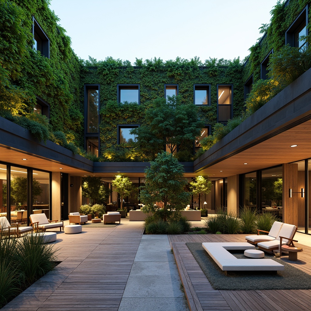 Prompt: Minimalist courtyard, lush green walls, wooden decking, outdoor seating areas, cantilevered roofs, floor-to-ceiling windows, modern furniture, pendant lighting, open-plan living spaces, functional storage solutions, eco-friendly materials, natural ventilation systems, ambient lighting, soft warm colors, 3/4 composition, shallow depth of field, realistic textures, panoramic view.