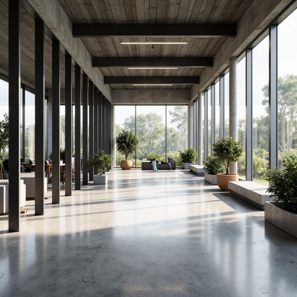 Prompt: Clean lines, minimal ornamentation, simple shapes, monochromatic color scheme, transparent glass walls, open floor plan, natural light pouring in, airy atmosphere, subtle textures, industrial materials, metallic accents, functional simplicity, clutter-free space, peaceful ambiance, morning sunlight, soft shadows, shallow depth of field, 1/1 composition, realistic rendering.