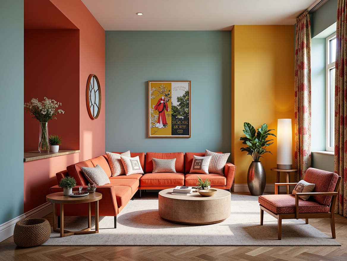 Prompt: Vibrant modern interior, sleek furniture, bold accent walls, soft pastel hues, calming neutral tones, rich wood textures, metallic accents, warm ambient lighting, 3/4 composition, shallow depth of field, realistic reflections, intricate patterns, luxurious fabrics, elegant typography.