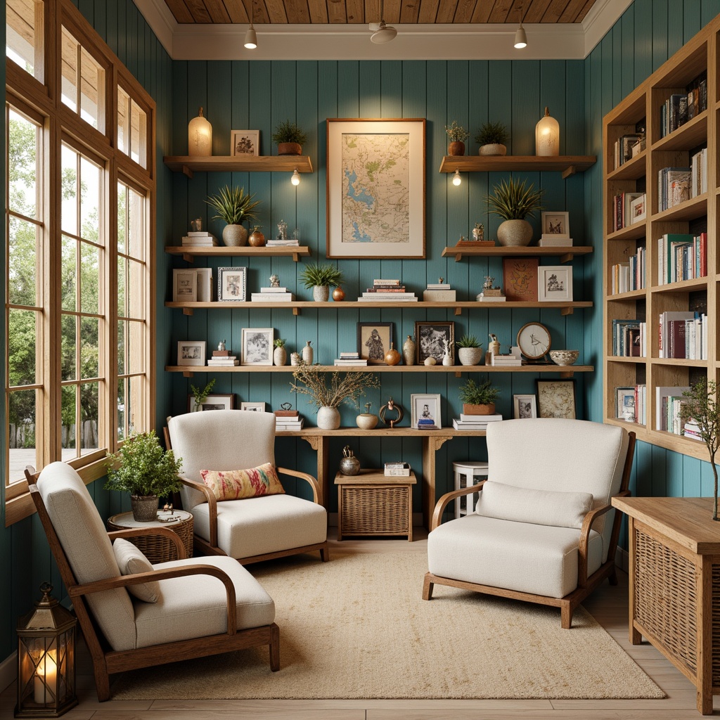 Prompt: Warm beachy bookstore, driftwood shelves, ocean-blue walls, sandy beige floors, natural woven textiles, distressed wooden accents, vintage nautical decor, antique maps, soft creamy lighting, cozy reading nooks, plush oversized armchairs, weathered metal lanterns, sea-glass vases, coral-inspired patterns, calming turquoise hues, serene coastal atmosphere, 1/2 composition, warm shallow depth of field, realistic wood textures, ambient occlusion.