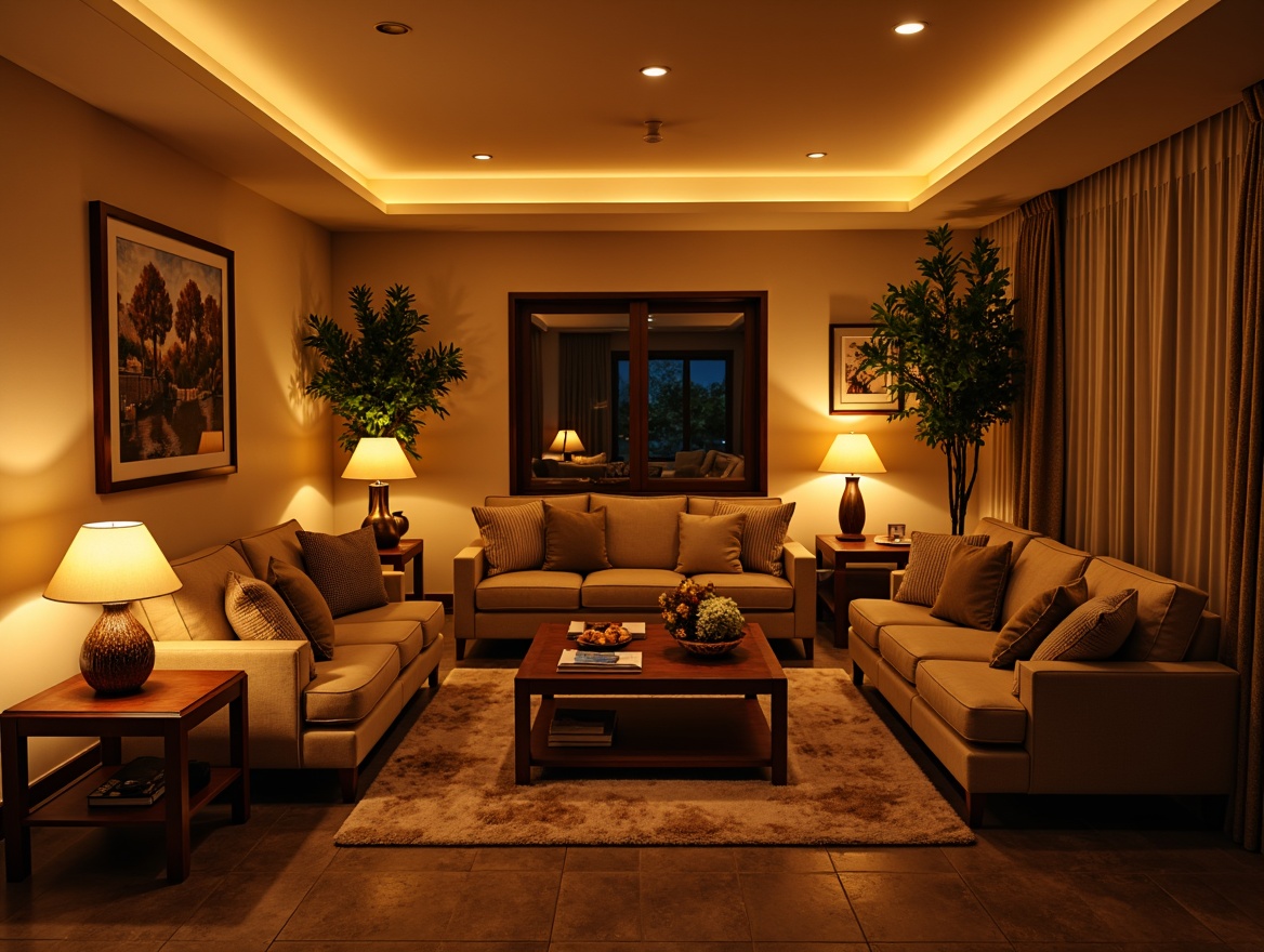 Prompt: Cozy family room, warm beige walls, plush sofas, wooden coffee tables, soft cushions, modern floor lamps, ambient lighting, table lamps with unique shapes, LED strip lights under furniture, vibrant color-changing ceiling lights, warm golden glow, intimate atmosphere, 1/1 composition, shallow depth of field, realistic textures, natural stone flooring, comfortable seating areas, functional task lighting, creative use of negative space.