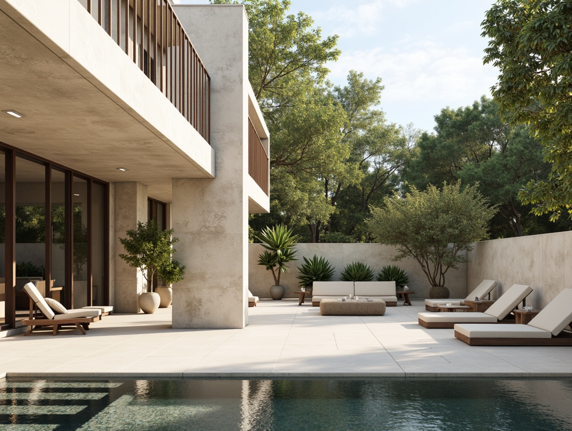 Prompt: Minimalist villa, clean lines, simple shapes, monochromatic color scheme, rough stone walls, smooth concrete floors, wooden accents, natural textiles, potted plants, floor-to-ceiling windows, sliding glass doors, outdoor pool, surrounding lush greenery, warm sunny day, soft diffused lighting, shallow depth of field, 1/1 composition, realistic renderings, ambient occlusion, subtle material reflections.