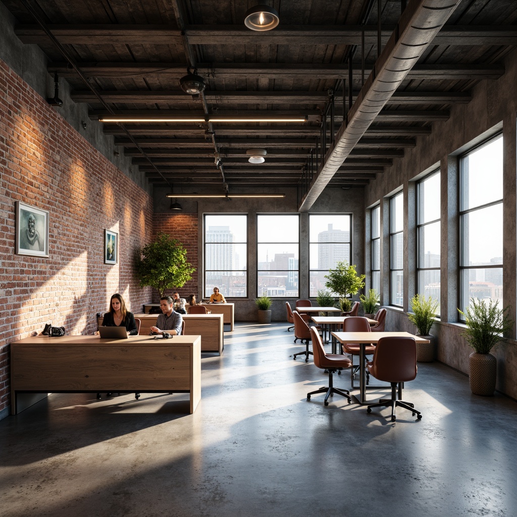 Prompt: Exposed brick walls, metal beams, industrial-style lighting fixtures, reclaimed wood accents, polished concrete floors, minimalist decor, functional workstations, collaborative seating areas, modern ergonomic furniture, urban cityscape views, natural light pouring in, airy atmosphere, 1/1 composition, soft box lighting, realistic metallic textures, ambient occlusion.