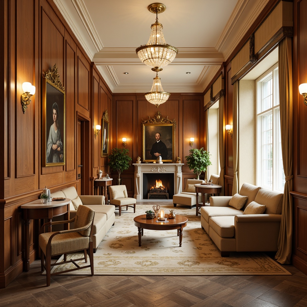 Prompt: Luxurious classic interior, rich wood tones, ornate furnishings, soft cream walls, warm beige carpets, elegant crystal chandeliers, velvet upholstery, subtle gold accents, refined marble countertops, traditional oil paintings, warm ambient lighting, shallow depth of field, 1/2 composition, realistic textures, soft focus blur.