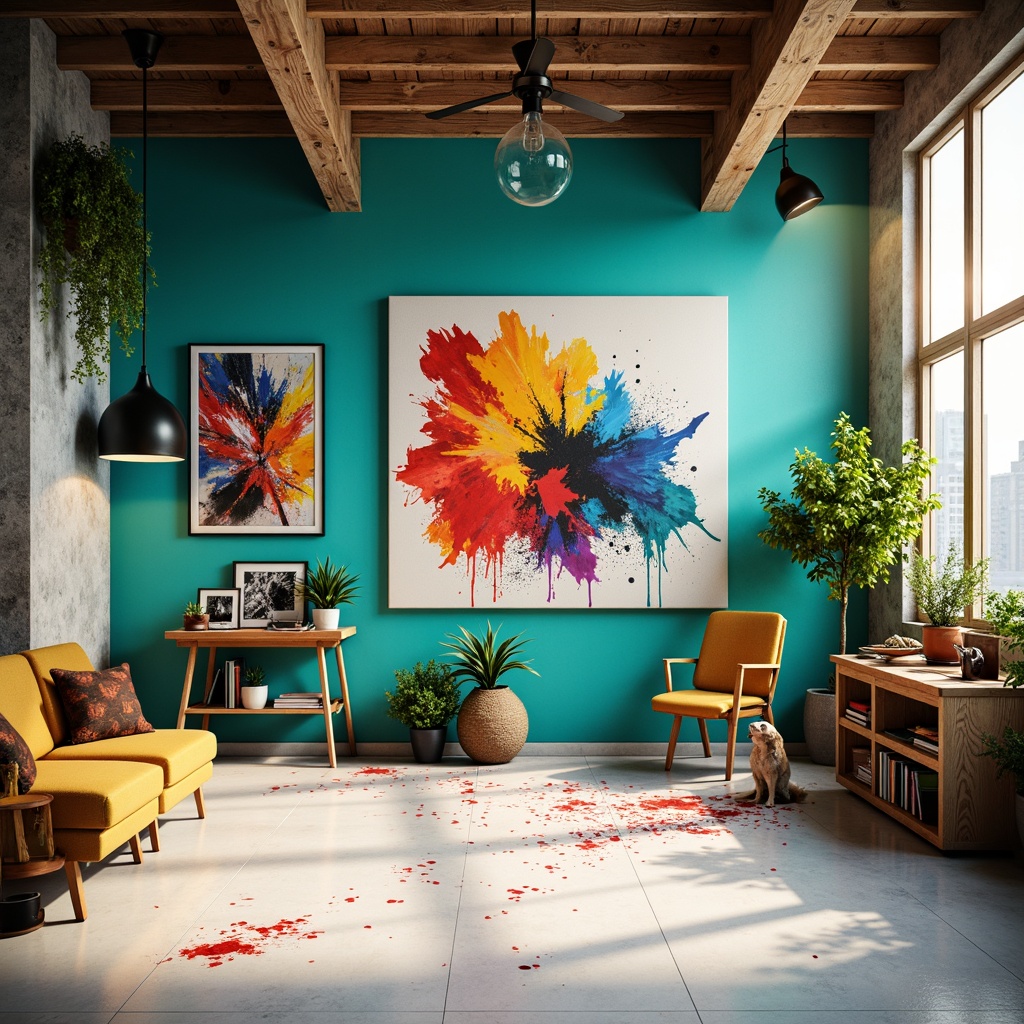 Prompt: Vibrant modern art studio, eclectic artistic vibe, bold brushstrokes, abstract expressionism, rich turquoise walls, creamy white floors, natural wood accents, industrial metal beams, oversized canvas, colorful paint splatters, dynamic lighting effects, shallow depth of field, 1/1 composition, warm golden hour, soft focus, subtle texture overlays.