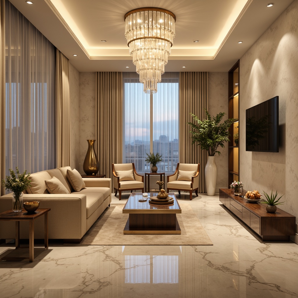 Prompt: Luxurious living room, crystal chandelier, soft warm glow, marble floors, cream-colored walls, plush velvet sofas, golden accents, floor-to-ceiling windows, sheer curtains, subtle shadows, ambient lighting, LED strips, recessed lights, minimalist decor, modern furniture, sleek lines, polished metal, sophisticated ambiance, evening atmosphere, warm color palette, shallow depth of field, 1/1 composition, realistic textures.