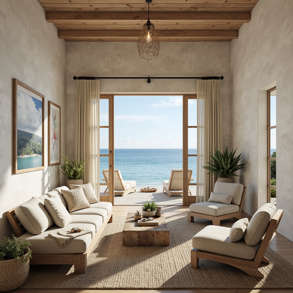 Prompt: Coastal beach house, textured walls, natural stone finishes, driftwood accents, ocean-inspired color palette, calming blue hues, creamy whites, sandy neutrals, nautical ropes, woven sea grass baskets, reclaimed wood furniture, linen upholstery, glass pendant lights, shell decorations, coral patterns, seaside views, sunny day, soft warm lighting, shallow depth of field, 1/1 composition, realistic textures, ambient occlusion.