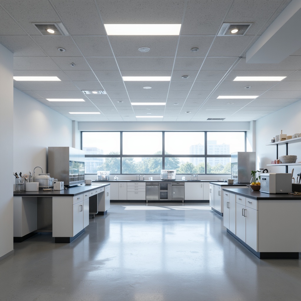 Prompt: Minimalist laboratory interior, clean white walls, polished concrete floors, sleek metal equipment, modern LED lighting systems, suspended ceiling fixtures, recessed downlights, ambient under-cabinet illumination, natural daylight, soft diffused shadows, 1/1 composition, shallow depth of field, realistic reflections, subtle color grading.