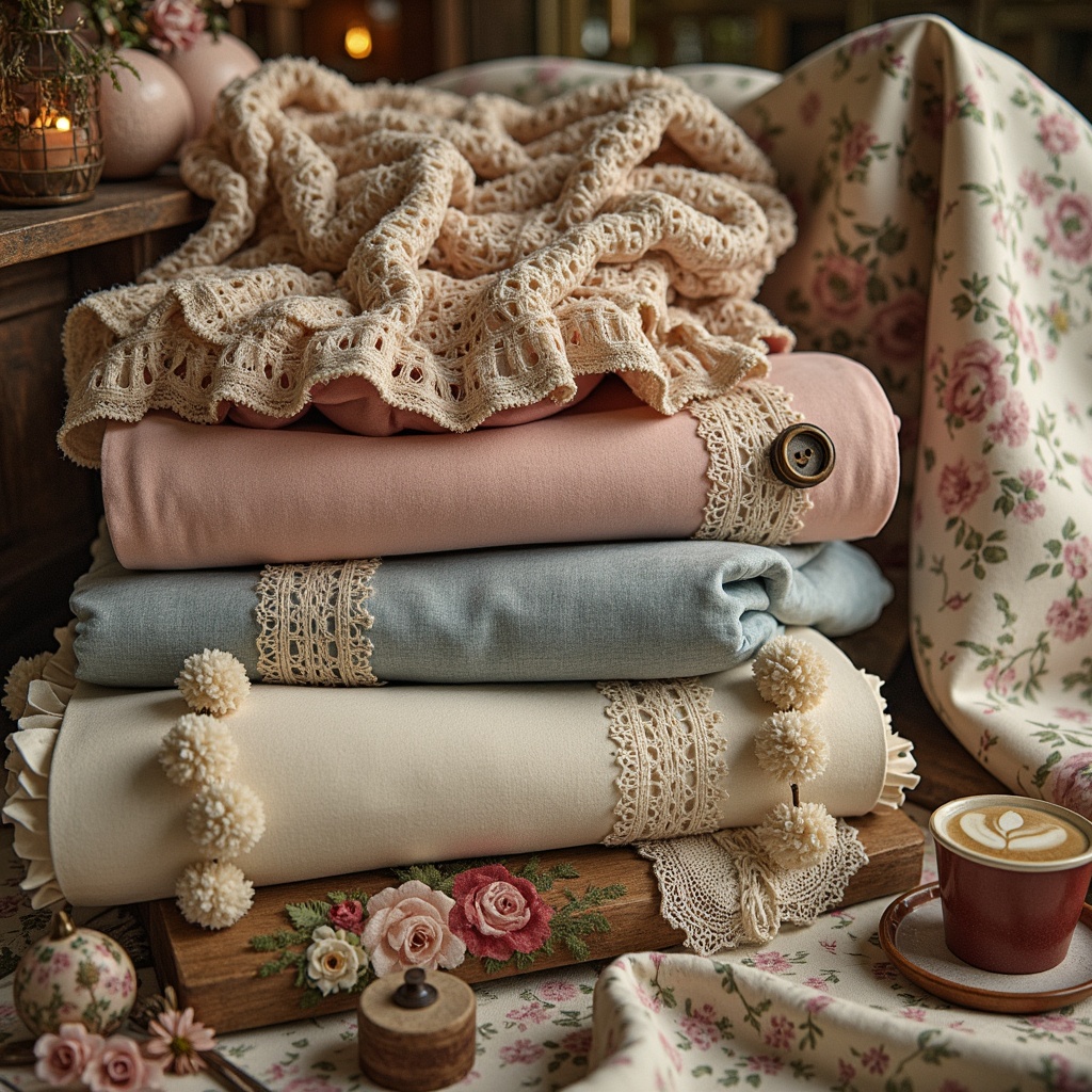 Prompt: Distressed velvet fabrics, soft pastel hues, floral patterns, lace trimmings, vintage-inspired textiles, worn leather accents, rustic wooden buttons, faded denim, romantic ruffles, gentle gathering techniques, whimsical embroidery, delicate beading, antique brooches, muted color palette, warm golden lighting, cozy intimate atmosphere, eclectic mix of patterns and textures.