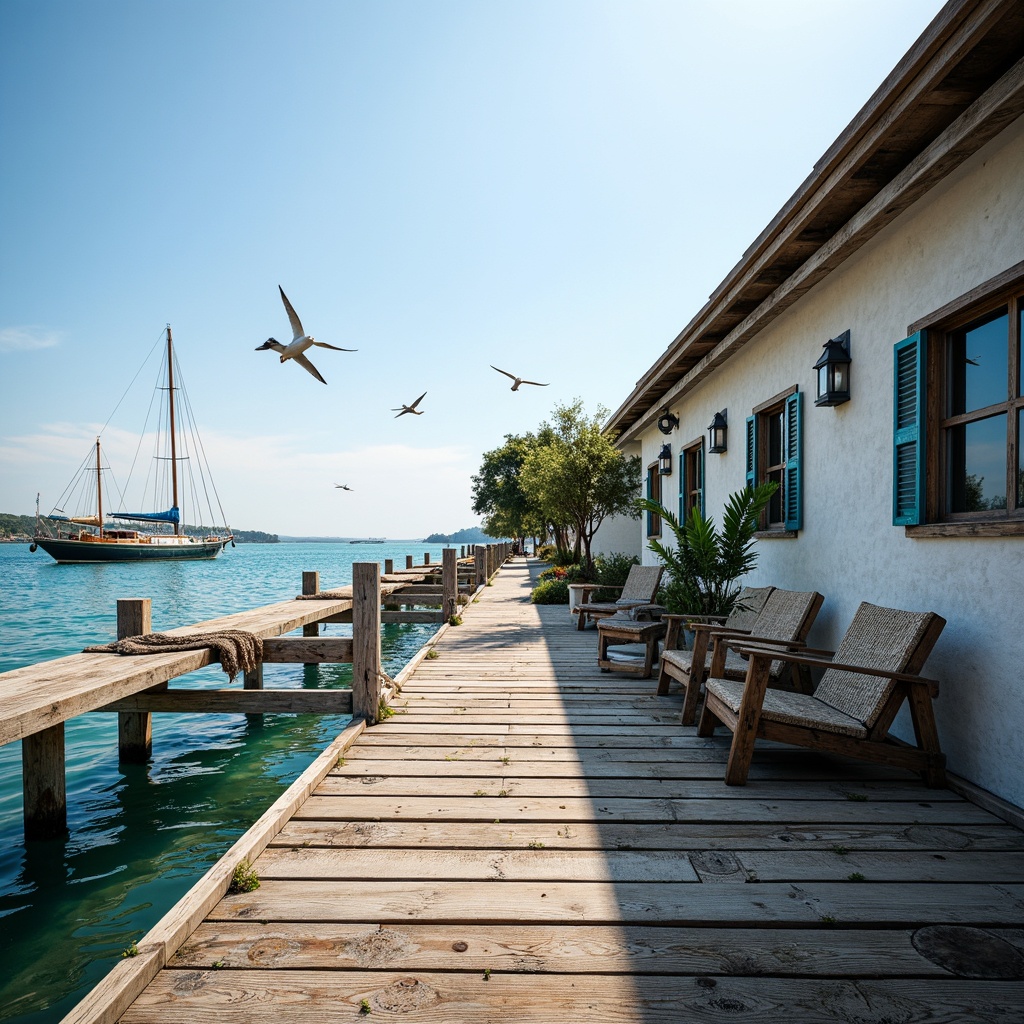 Prompt: Weathered wooden docks, nautical ropes, sailboats, seagulls flying overhead, calm turquoise water, sunny day, soft warm lighting, shallow depth of field, 3/4 composition, panoramic view, realistic textures, ambient occlusion, rustic coastal boathouse, driftwood accents, coral-inspired colors, ocean-blue shutters, whitewashed walls, vintage fishing nets, porthole windows, natural woven textiles, distressed wood furniture, beachy keen decor.