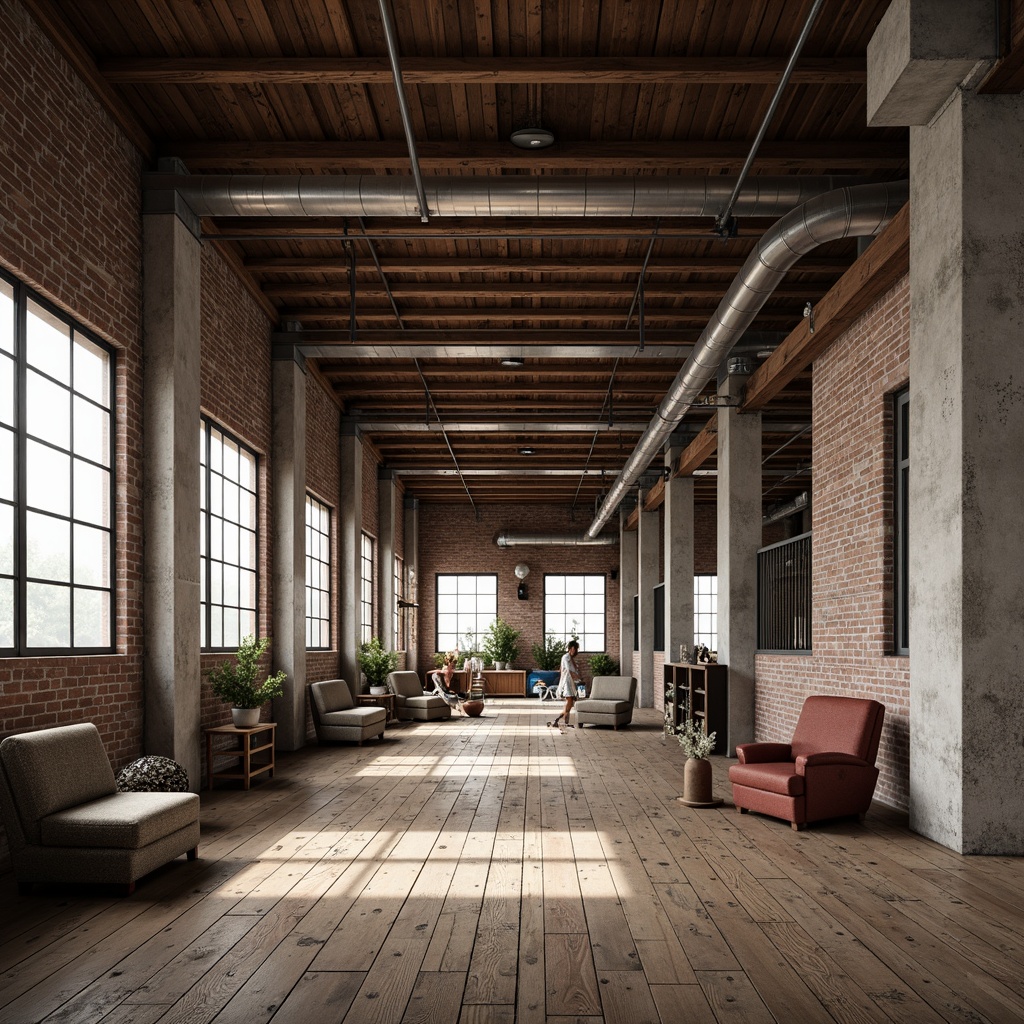 Prompt: Rustic warehouse, exposed beams, metal pipes, distressed brick walls, reclaimed wood flooring, industrial-style lighting, urban loft atmosphere, converted factory space, high ceilings, minimal decor, functional furniture, steel windows, concrete columns, neutral color palette, natural textures, softbox lighting, 1/1 composition, realistic render.