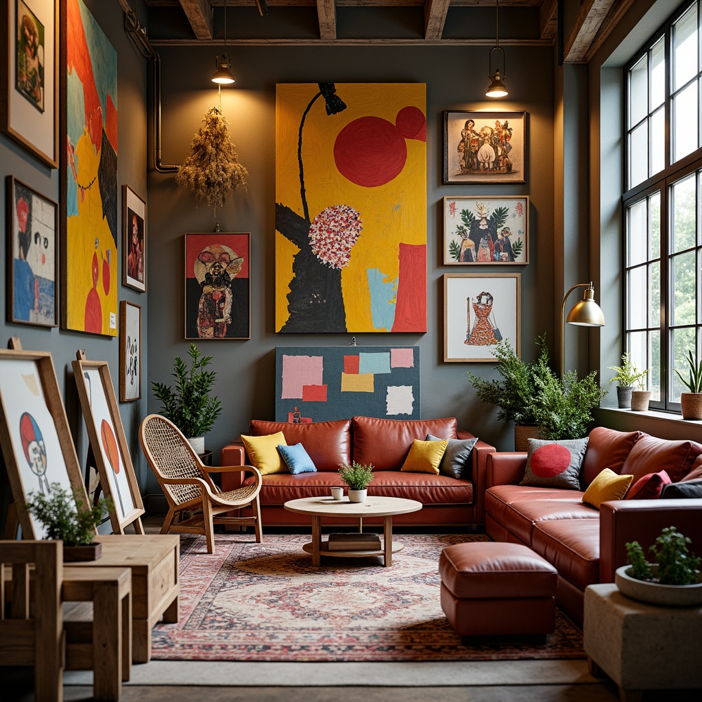 Prompt: Vibrant art studio, eclectic furniture, abstract artwork, bold color blocking, contrasting textures, geometric patterns, warm golden lighting, soft focus, 2/3 composition, intimate atmosphere, natural materials, earthy tones, rich jewel-toned accents, creamy pastels, deep charcoal grey, matte finishes, artistic expression, bohemian chic.