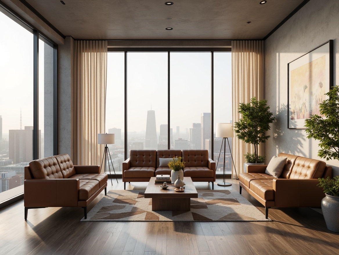 Prompt: Minimalist living room, calm atmosphere, soft warm lighting, sleek low-profile furniture, tufted leather sofa, minimalist coffee table, geometric-patterned rug, industrial metal legs, natural wood accents, greenery plants, floor-to-ceiling windows, urban city view, 1/1 composition, shallow depth of field, realistic textures, ambient occlusion.