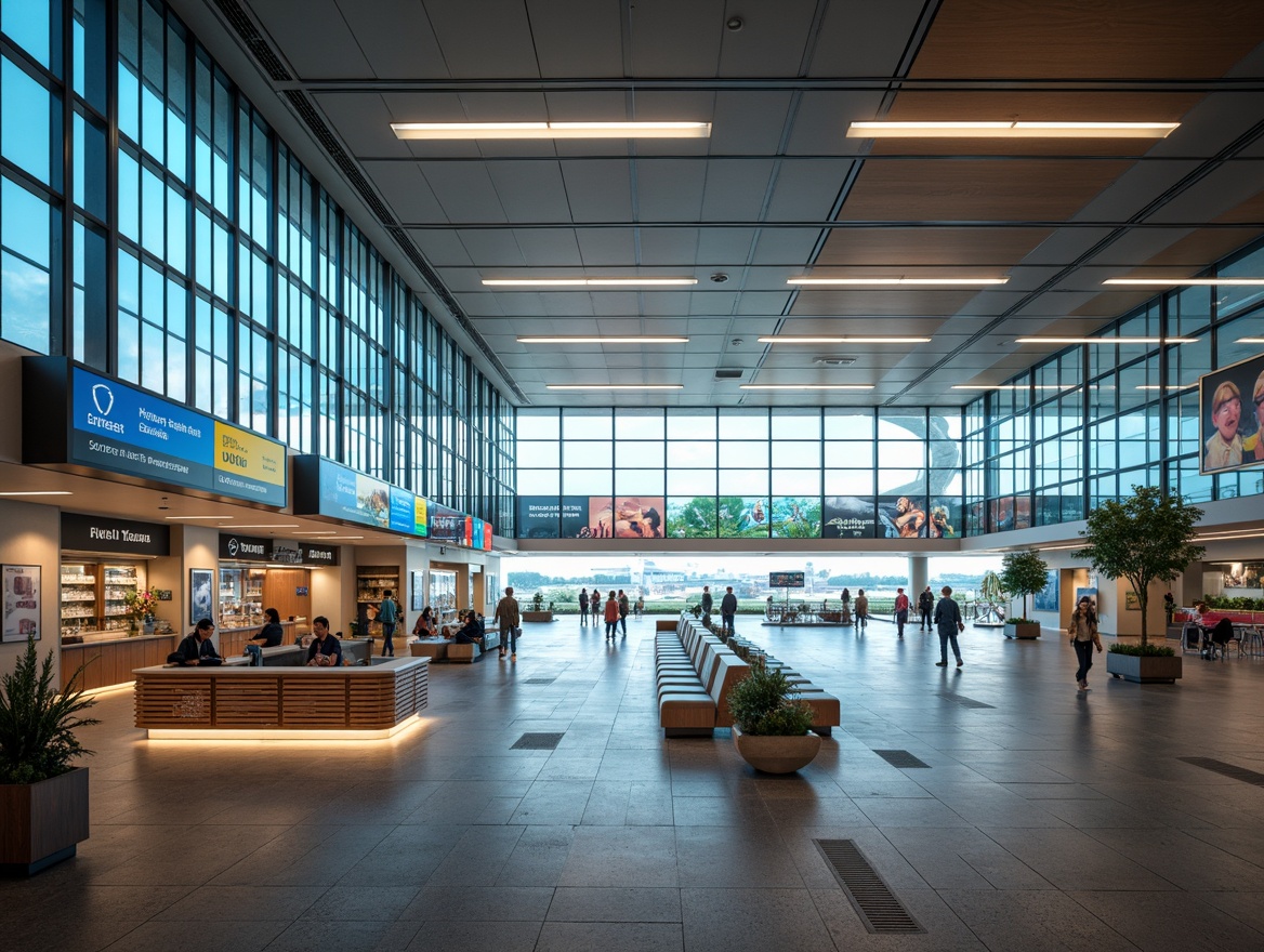 Prompt: Modern airport terminal, sleek glass fa\u00e7ade, dynamic LED lighting, intuitive wayfinding signage, clear navigation paths, minimalist interior design, comfortable seating areas, natural stone flooring, airy high ceilings, abundant natural light, warm neutral color palette, subtle branding elements, digital information displays, real-time flight updates, interactive kiosks, pedestrian-friendly walkways, ample power outlets, vibrant airport art installations, bustling food court, diverse retail options, efficient security checkpoints, seamless travel experiences, panoramic views of airfield, soft warm lighting, shallow depth of field, 3/4 composition.