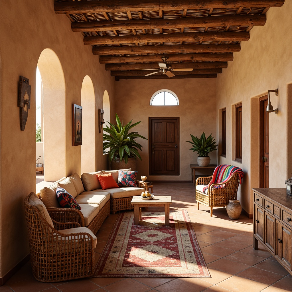 Prompt: Southwestern adobe walls, earthy terracotta floors, woven wicker furniture, vibrant Native American patterns, colorful serape blankets, rustic wooden accents, distressed leather upholstery, natural fiber rugs, sandy beige color palette, warm golden lighting, soft focus, shallow depth of field, 1/2 composition, realistic textures, ambient occlusion.