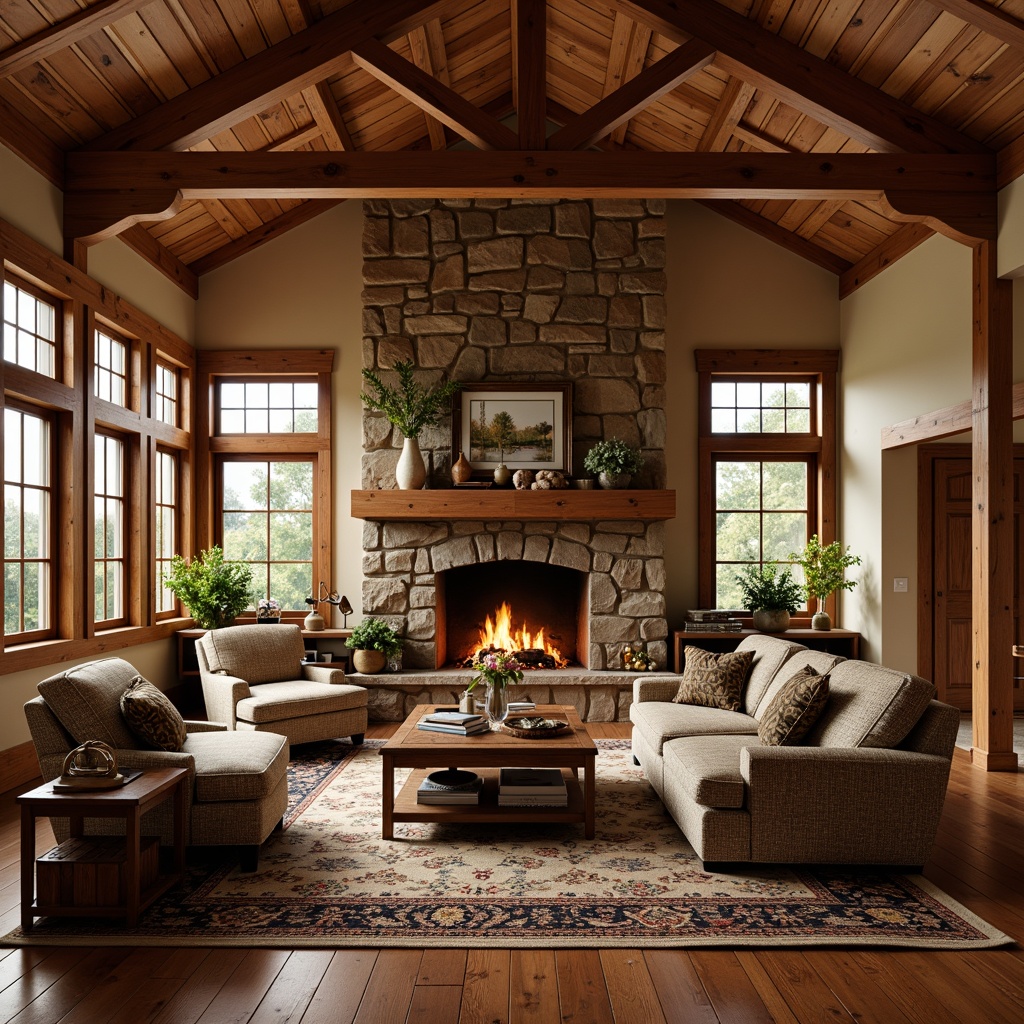 Prompt: Cozy living room, rich wood accents, warm wooden furniture, craftsman-style cabinetry, ornate wooden trim, rustic wooden beams, natural stone fireplace, earthy color palette, plush area rug, comfortable seating, soft warm lighting, shallow depth of field, 3/4 composition, realistic textures, ambient occlusion.