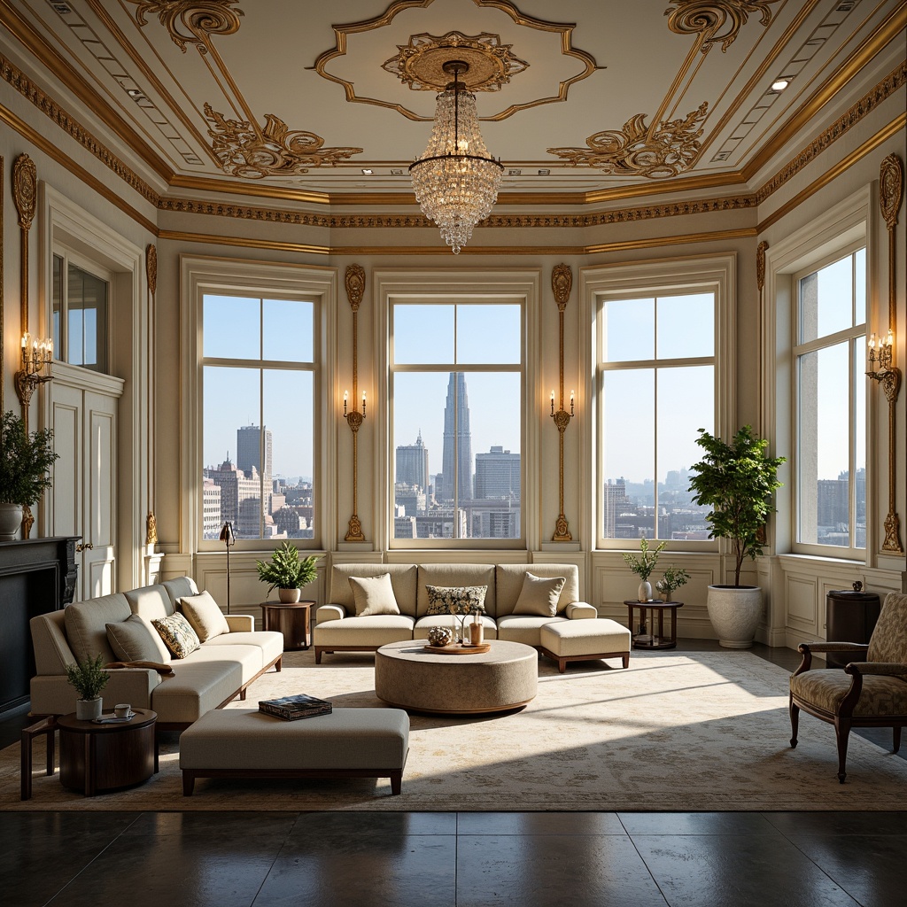 Prompt: Luxurious penthouse, ornate Rococo style, gilded accents, soft pastel hues, creamy whites, pale blues, rich golds, velvety blacks, lavish furnishings, intricate patterns, florid ornaments, crystal chandeliers, opulent fabrics, tufted upholstery, regal ambiance, warm candlelight, dramatic ceiling heights, grandiose windows, panoramic city views, morning sunlight, gentle shadows, 1/2 composition, soft focus, cinematic lighting.