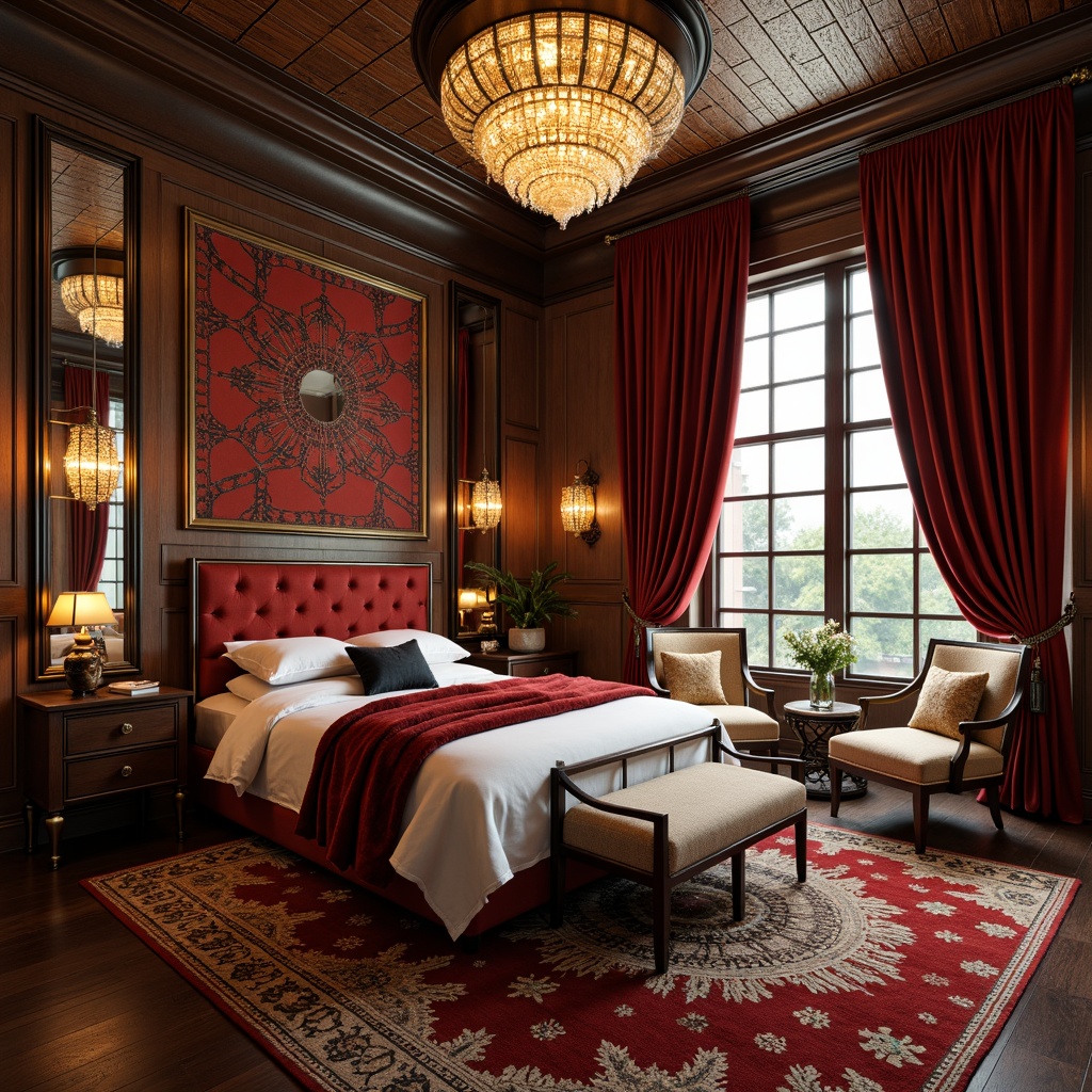 Prompt: Luxurious Art Deco bedroom, rich velvet fabrics, ornate metal frames, glossy wooden accents, geometric patterns, bold color schemes, lavish crystal chandeliers, plush area rugs, curved lines, opulent upholstery, metallic finishes, sophisticated ambiance, soft warm lighting, 3/4 composition, shallow depth of field, realistic textures, ambient occlusion.