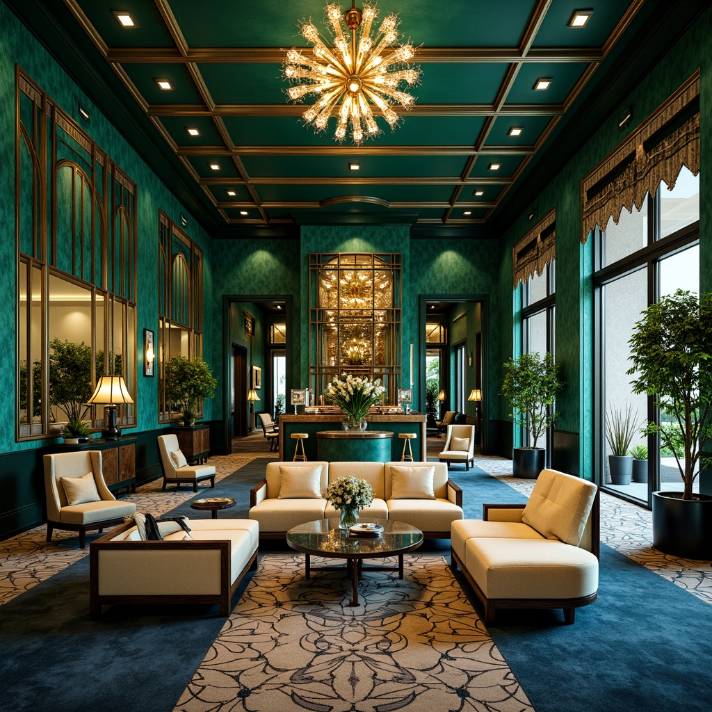 Prompt: Luxurious Art Deco interior, bold geometric patterns, metallic accents, rich jewel tones, emerald green walls, navy blue ceilings, golden ornate fixtures, chrome-plated furniture, velvety soft carpets, marble floors, opulent crystal chandeliers, sunburst motifs, zigzag lines, glamorous Hollywood Regency style, lavish decorative trimmings, sophisticated color palette, high-contrast lighting, dramatic shadows, 1/1 composition, cinematic camera angle, highly stylized rendering.