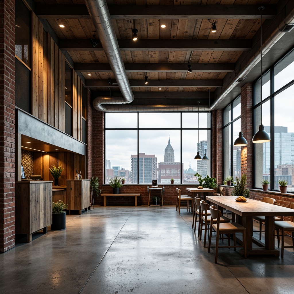 Prompt: Rustic industrial space, exposed metal beams, distressed wooden planks, brick walls, concrete floors, reclaimed wood accents, metal mesh panels, industrial-style lighting fixtures, functional pipes, modern minimalist decor, urban cityscape views, cloudy grey skies, soft natural light, shallow depth of field, 1/2 composition, realistic textures, ambient occlusion.