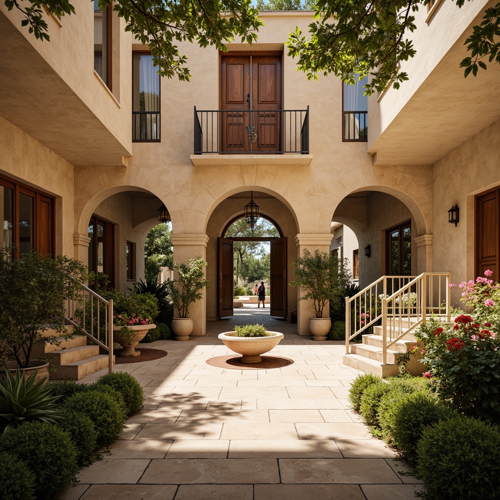 Prompt: Warm beige stone fa\u00e7ades, arched windows, ornate ironwork, lush green courtyards, vibrant bougainvillea, rustic wooden doors, sun-kissed outdoor spaces, grand staircases, high ceilings, elegant chandeliers, natural stone flooring, earthy color palette, soft warm lighting, shallow depth of field, 3/4 composition, panoramic view, realistic textures, ambient occlusion, Mediterranean-inspired architecture, curved lines, ornate fountains, tranquil water features, lush vegetation, scenic views, open-air corridors.