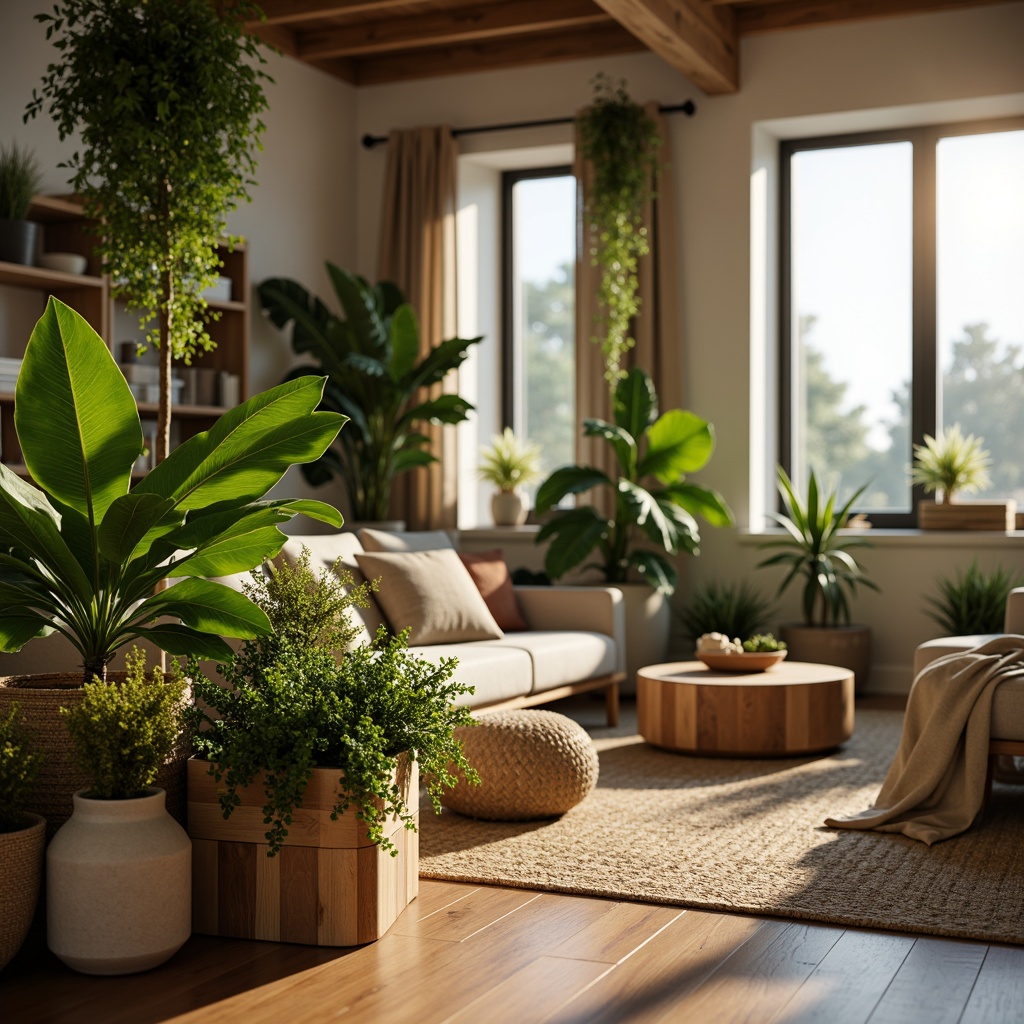 Prompt: Lush greenery, potted plants, natural textures, wooden planters, earthy tones, cozy living room, comfortable seating area, soft warm lighting, shallow depth of field, 3/4 composition, realistic rendering, ambient occlusion, modern interior design, minimal decor, Scandinavian-inspired furniture, woven baskets, jute rugs, organic shapes, calming atmosphere, relaxing ambiance.