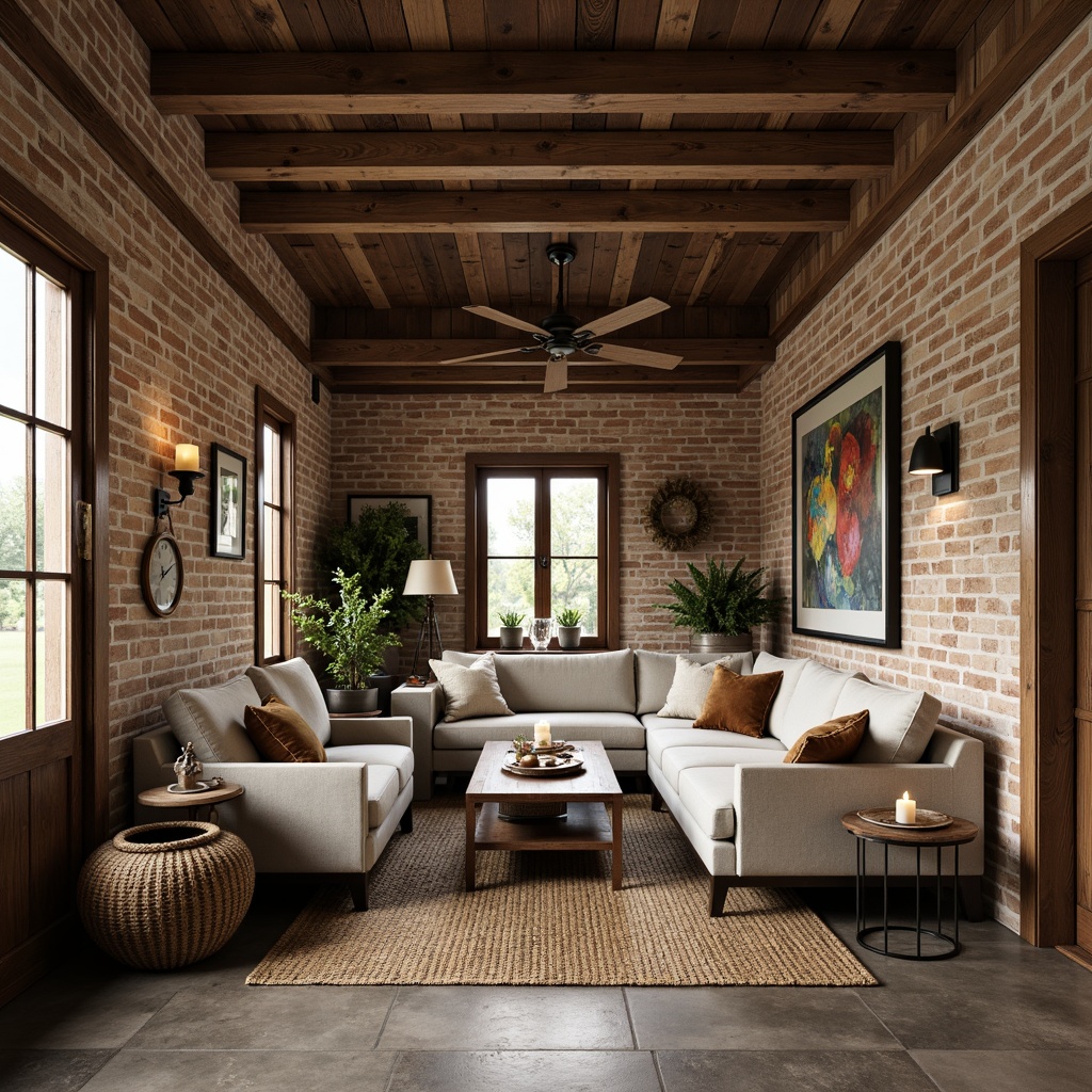 Prompt: Rustic farmhouse interior, distressed wood accents, vintage metal fixtures, exposed brick walls, earthy color palette, natural stone flooring, woven textiles, linen upholstery, soft warm lighting, shallow depth of field, 1/1 composition, realistic textures, ambient occlusion, reclaimed wooden beams, aged leather furniture, woven baskets, potted greenery, candlelit ambiance.