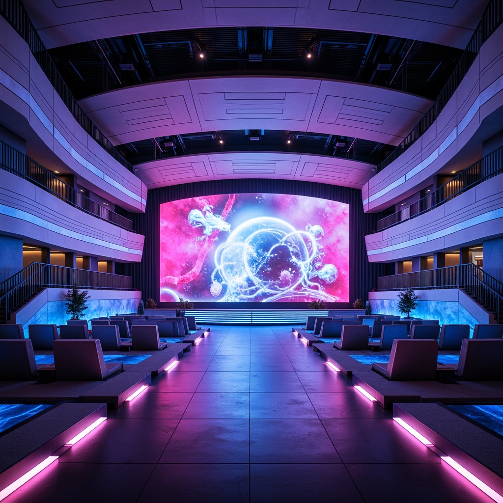 Prompt: Futuristic auditorium interior, neon-lit stage, iridescent color scheme, metallic accents, holographic projections, sleek curved lines, minimalist seating, avant-garde lighting fixtures, LED strip lights, glowing floor paths, immersive audio-visual experience, 3D projection mapping, cyberpunk-inspired aesthetic, electric blue hues, vibrant pink accents, deep purple tones, reflective surfaces, geometric patterns, abstract shapes, futuristic materials, advanced technology integration, panoramic view, shallow depth of field.