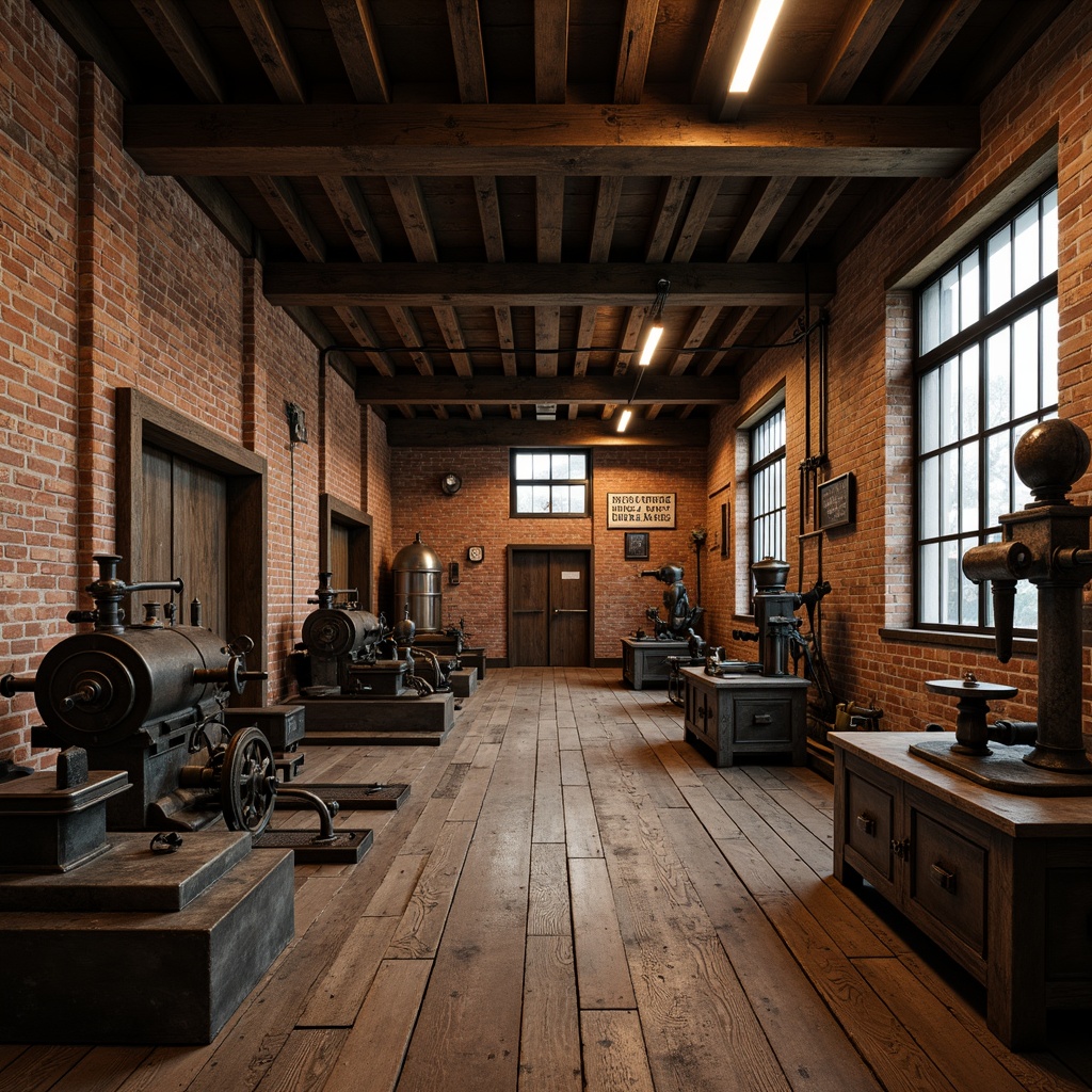 Prompt: Rustic industrial factory, distressed brick walls, worn wooden floors, exposed steel beams, vintage machinery, antique manufacturing equipment, metallic accents, earthy color palette, rough-hewn stone surfaces, faded signage, nostalgic memorabilia, warm ambient lighting, softbox diffused shadows, 1/1 composition, symmetrical framing, realistic wear and tear, subtle noise textures.