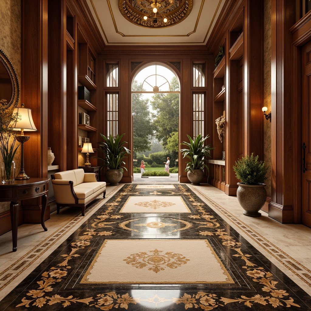 Prompt: Intricate wooden parquetry, hand-inlaid marble floors, ornate mosaic tiles, lavish velvet rugs, soft cream-colored carpets, gilded metal inlays, polished ebony wood, delicate floral patterns, curved lines, opulent textures, luxurious fabrics, warm golden lighting, shallow depth of field, 1/1 composition, realistic reflections, ambient occlusion.