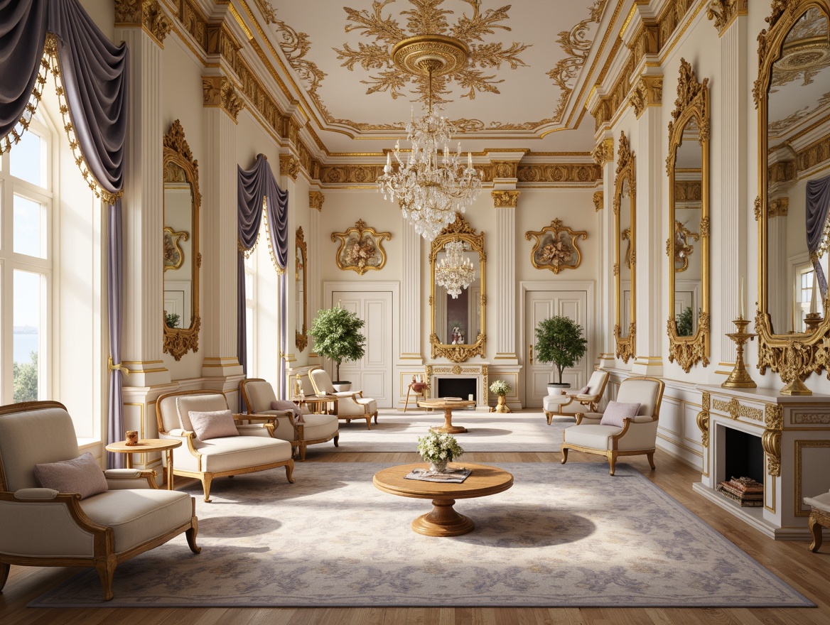 Prompt: Luxurious Rococo interior, soft golden lighting, creamy whites, pastel pinks, lavenders, and blues, intricate ornate details, gilded accents, rich velvets, ornamental mirrors, lavish furnishings, delicate florals, subtle texture contrasts, warm beige backgrounds, elegant curves, refined lines, sophisticated patterns, French Renaissance influences, opulent decorative elements, majestic chandeliers, sumptuous drapery, exquisite craftsmanship.