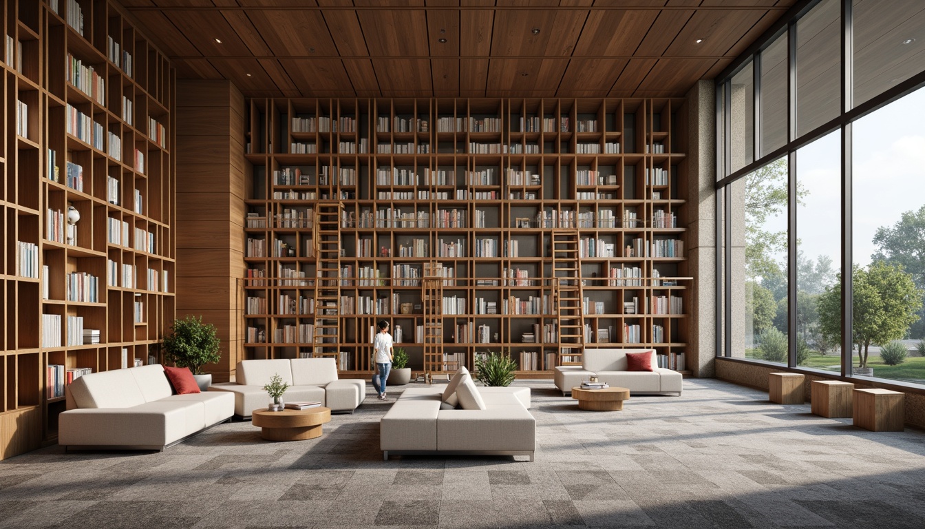 Prompt: Modern library interior, sleek shelving systems, minimalist wooden accents, neutral color palette, floor-to-ceiling bookcases, ladder access, cozy reading nooks, plush sofas, warm lighting, soft carpeting, geometric patterns, natural stone walls, large windows, panoramic views, 1/1 composition, shallow depth of field, realistic textures, ambient occlusion.