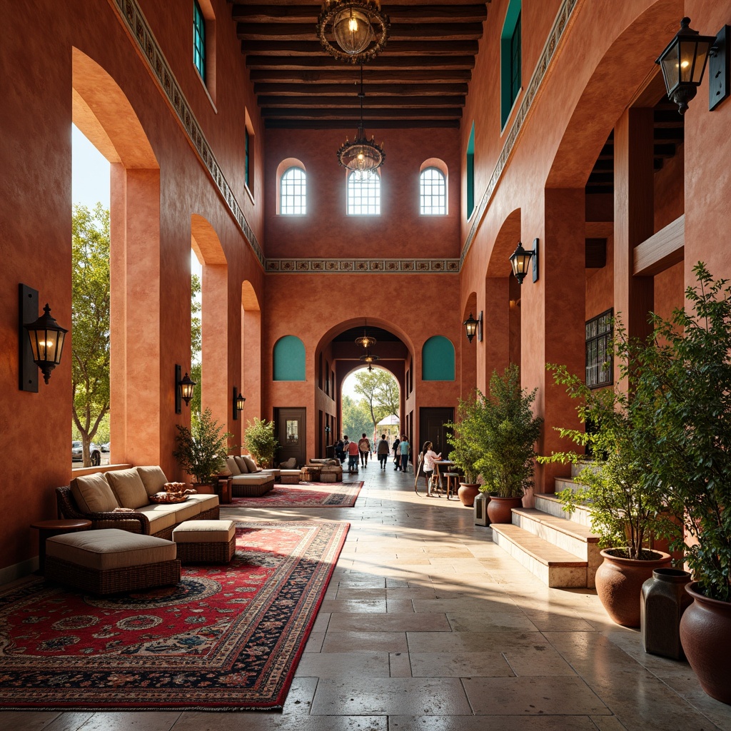 Prompt: Vibrant cultural center, rich heritage, diverse community, warm earthy tones, terracotta walls, turquoise accents, intricate patterns, colorful textiles, natural stone flooring, wooden beams, high ceilings, open spaces, abundant natural light, soft warm lighting, 3/4 composition, realistic textures, ambient occlusion.