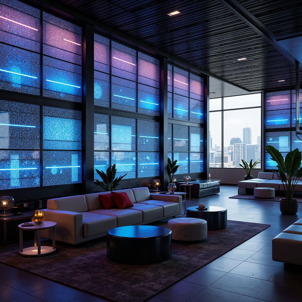 Prompt: Futuristic interior design, metallic wall panels, LED lighting strips, glossy acrylic surfaces, holographic patterns, neon color schemes, geometric shapes, 3D textured effects, ambient glow, dark tones, high-tech gadgets, minimalist decor, sleek lines, modern furniture, chrome accents, glass shelves, futuristic cityscape views, cinematic lighting, shallow depth of field, 1/1 composition, realistic reflections.